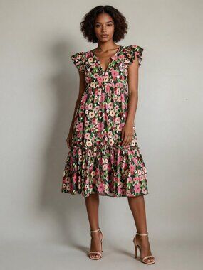 EASEL LA | Pink & Green Floral Ruffle Sleeve Tunic Dress Sz S